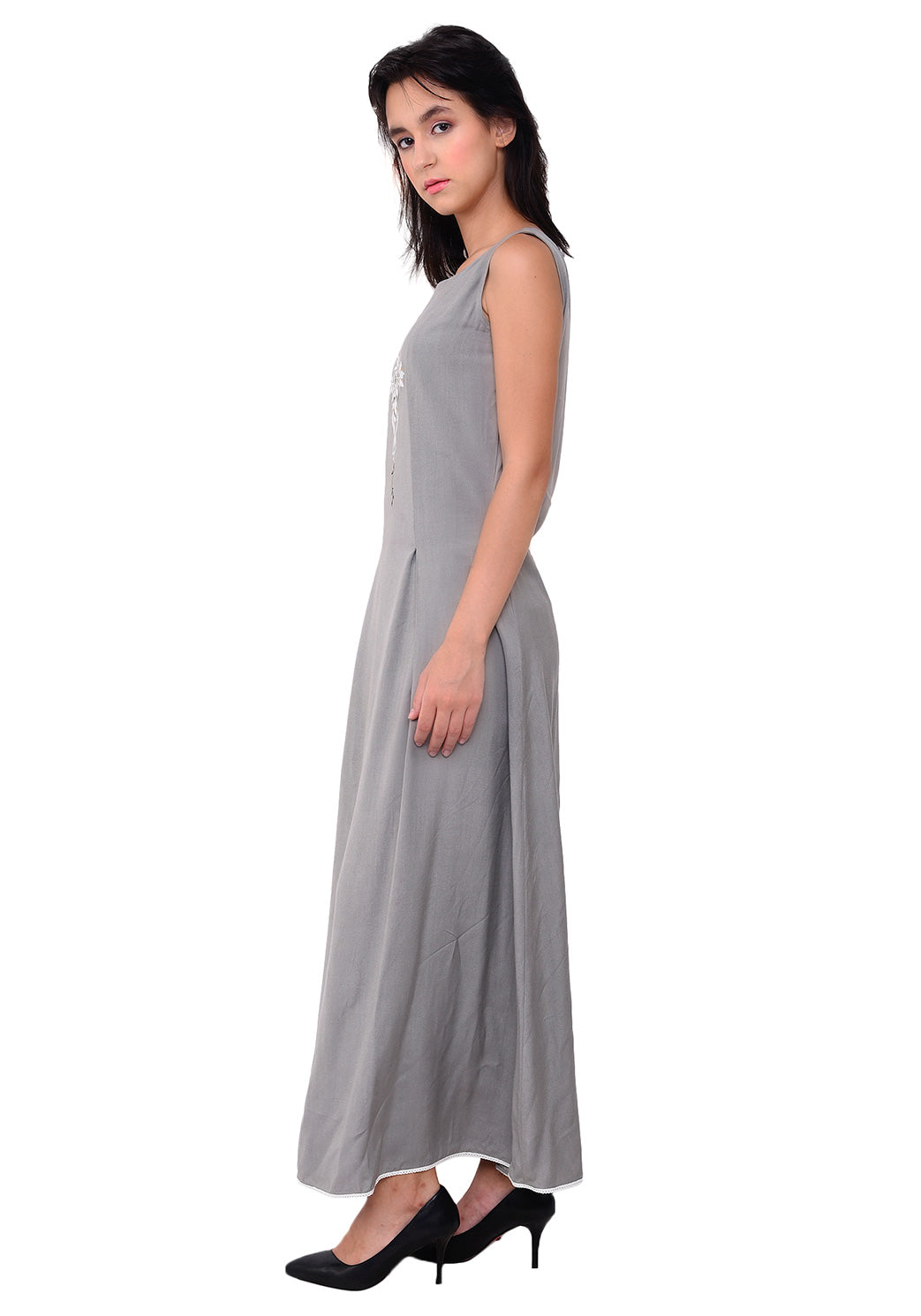 Floral Embroidered Maxi Dress - Grey