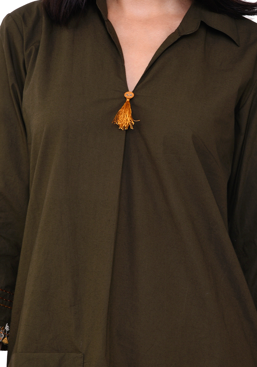 Front Patch Pocket Emroidered Kurta - Army Green