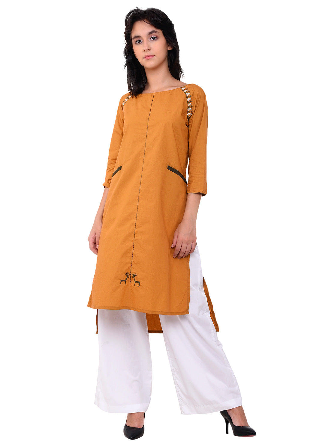 Emroidred Raglan Sleeve Kurta - Mustard