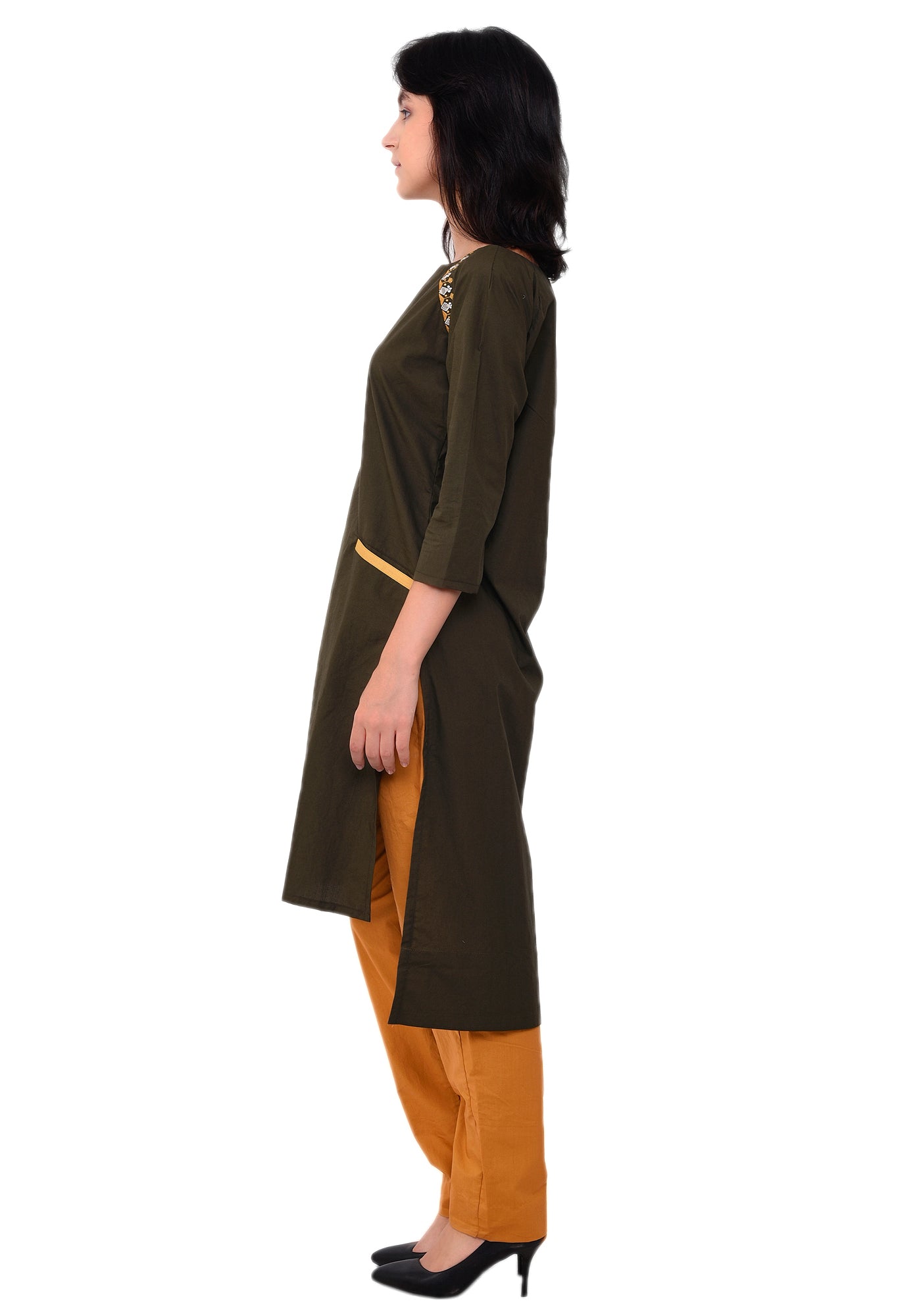 Emroidred Raglan Sleeve Kurta - Army Green