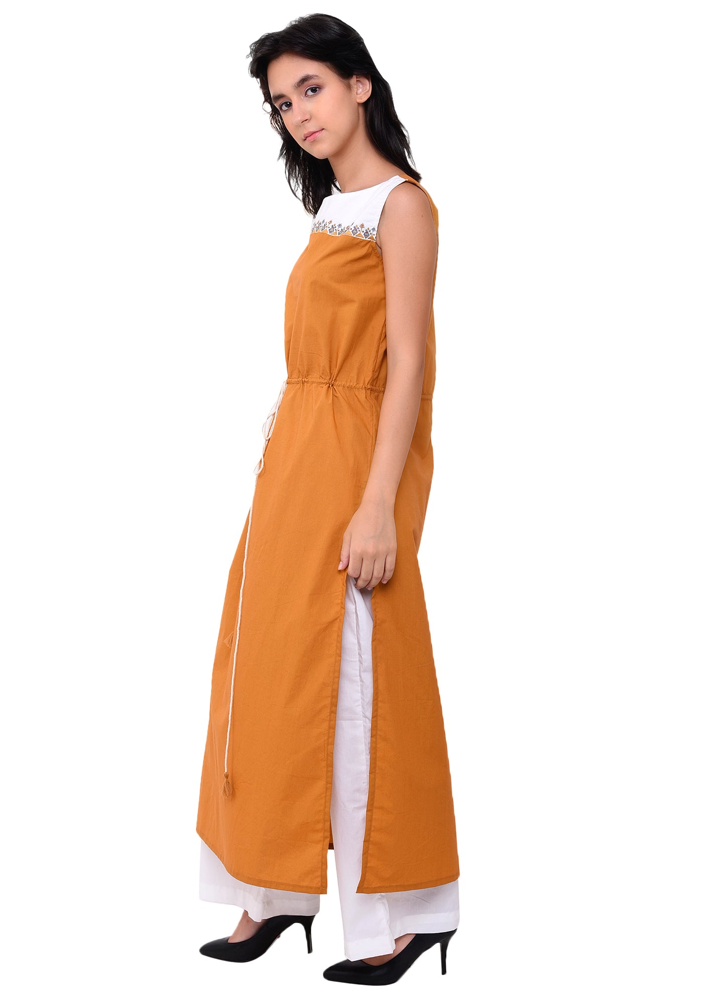 Yoke Embroidered Tie- Up Kurta - Mustard
