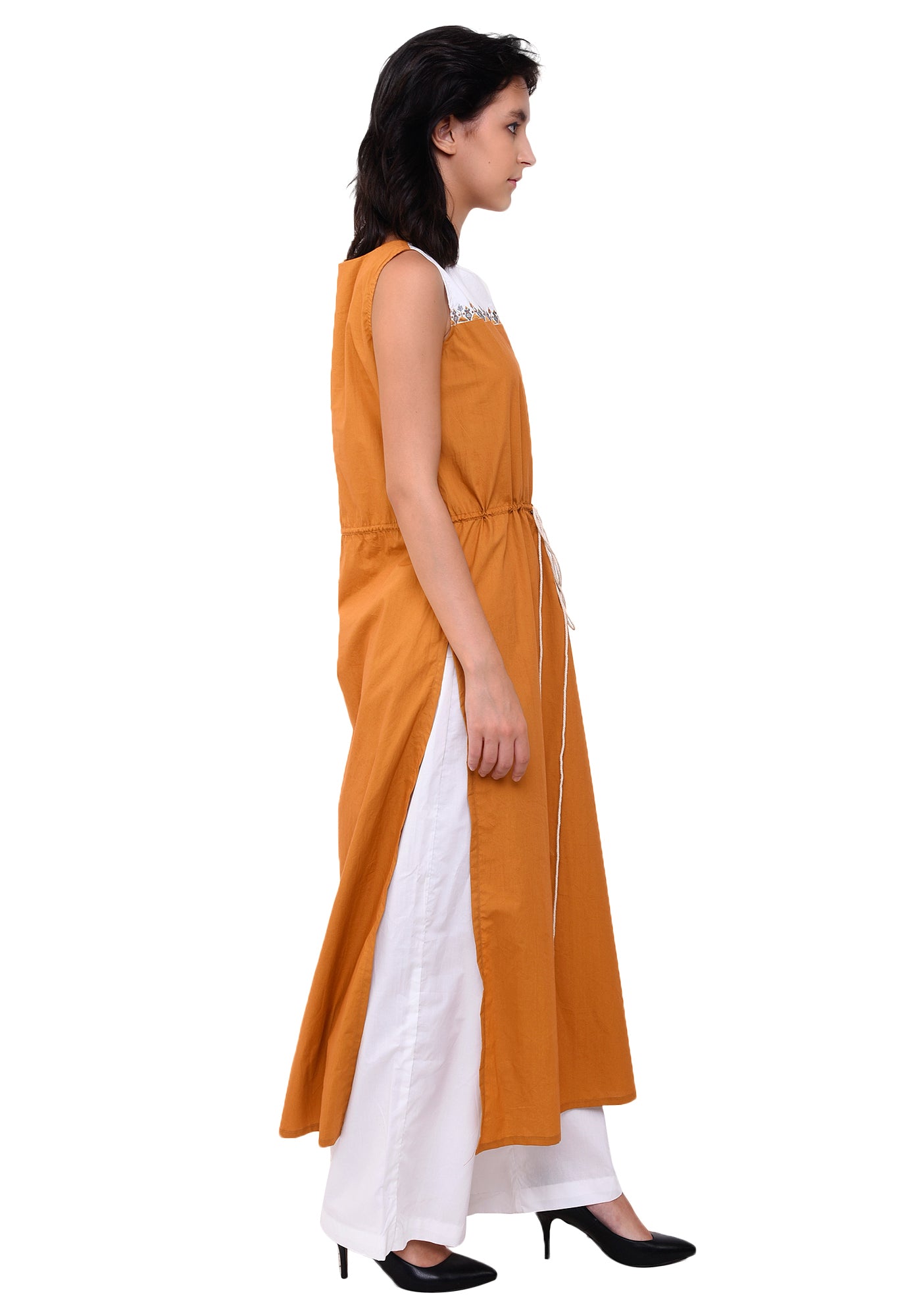 Yoke Embroidered Tie- Up Kurta - Mustard