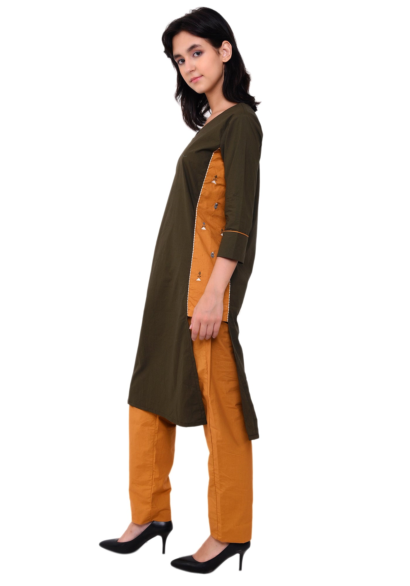 Embroidered Designer Kurta - Army Green