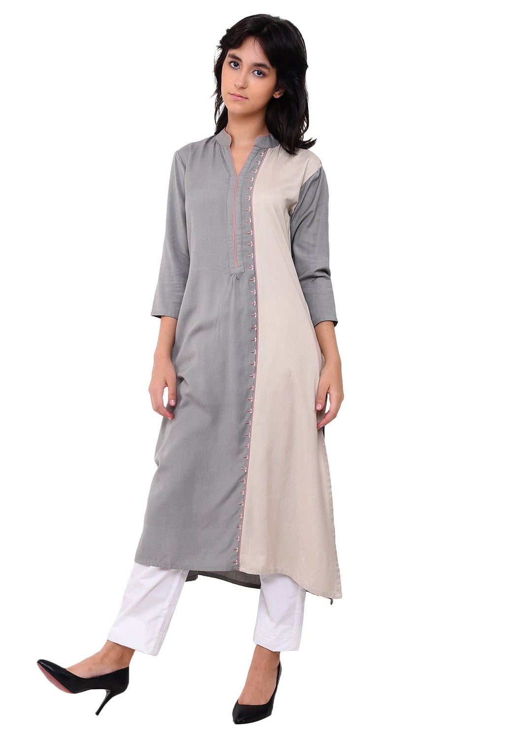 Embroidered Panelled Kurta - Grey
