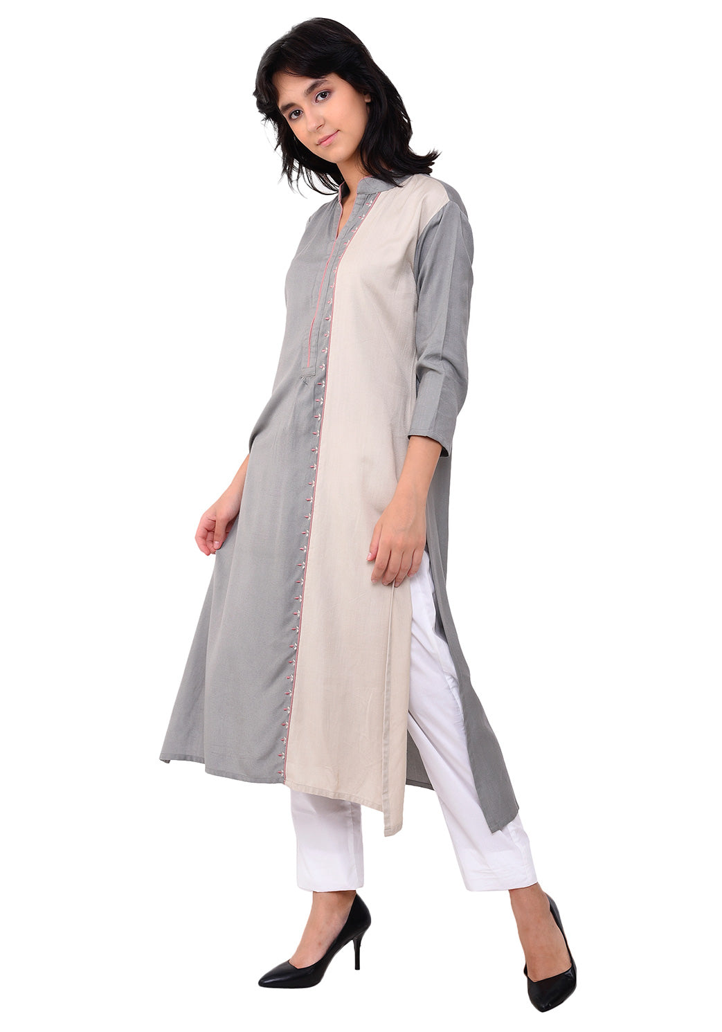 Embroidered Panelled Kurta - Grey