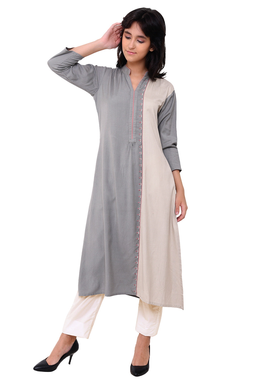 Embroidered Panelled Kurta - Grey