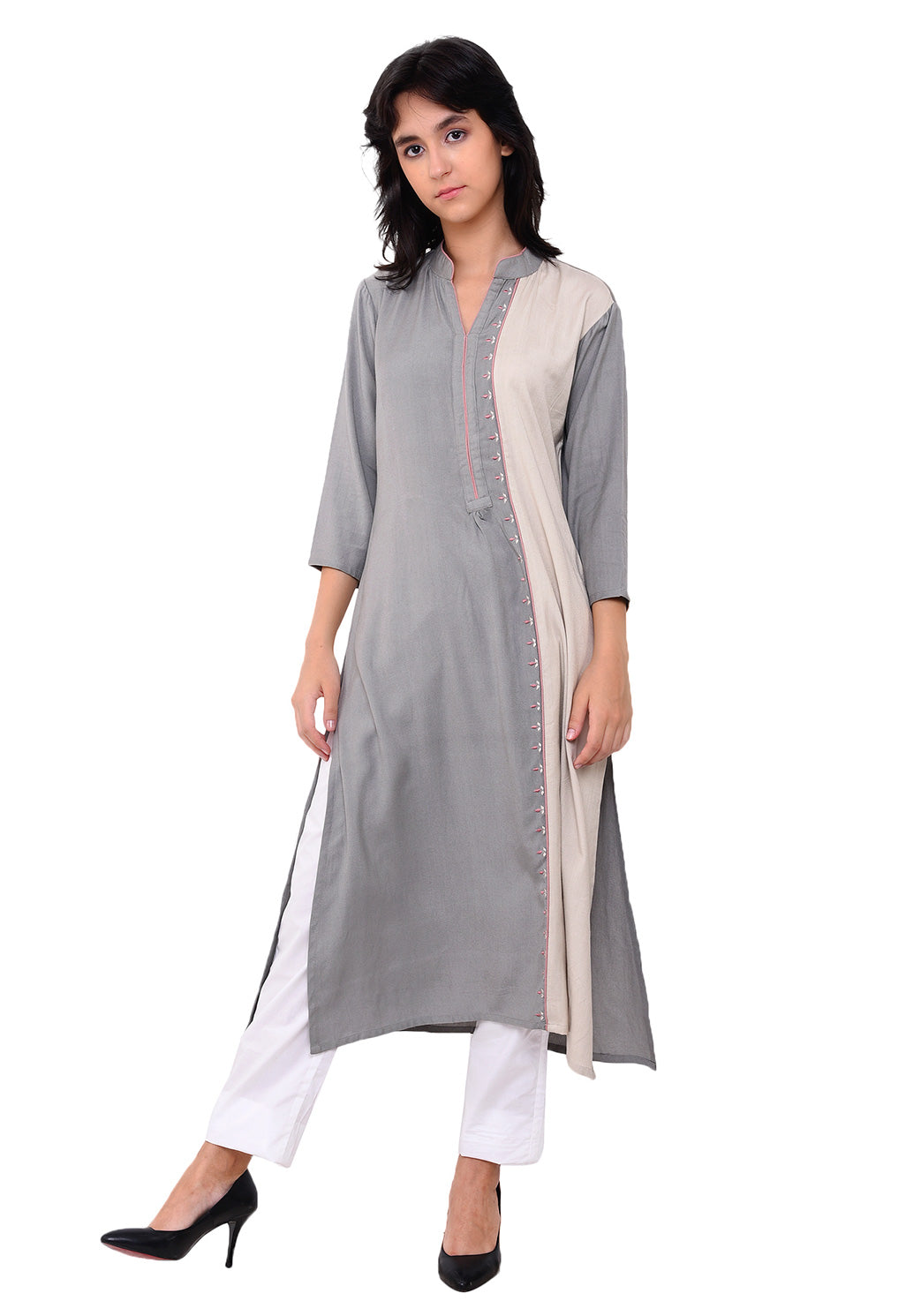 Embroidered Panelled Kurta - Grey