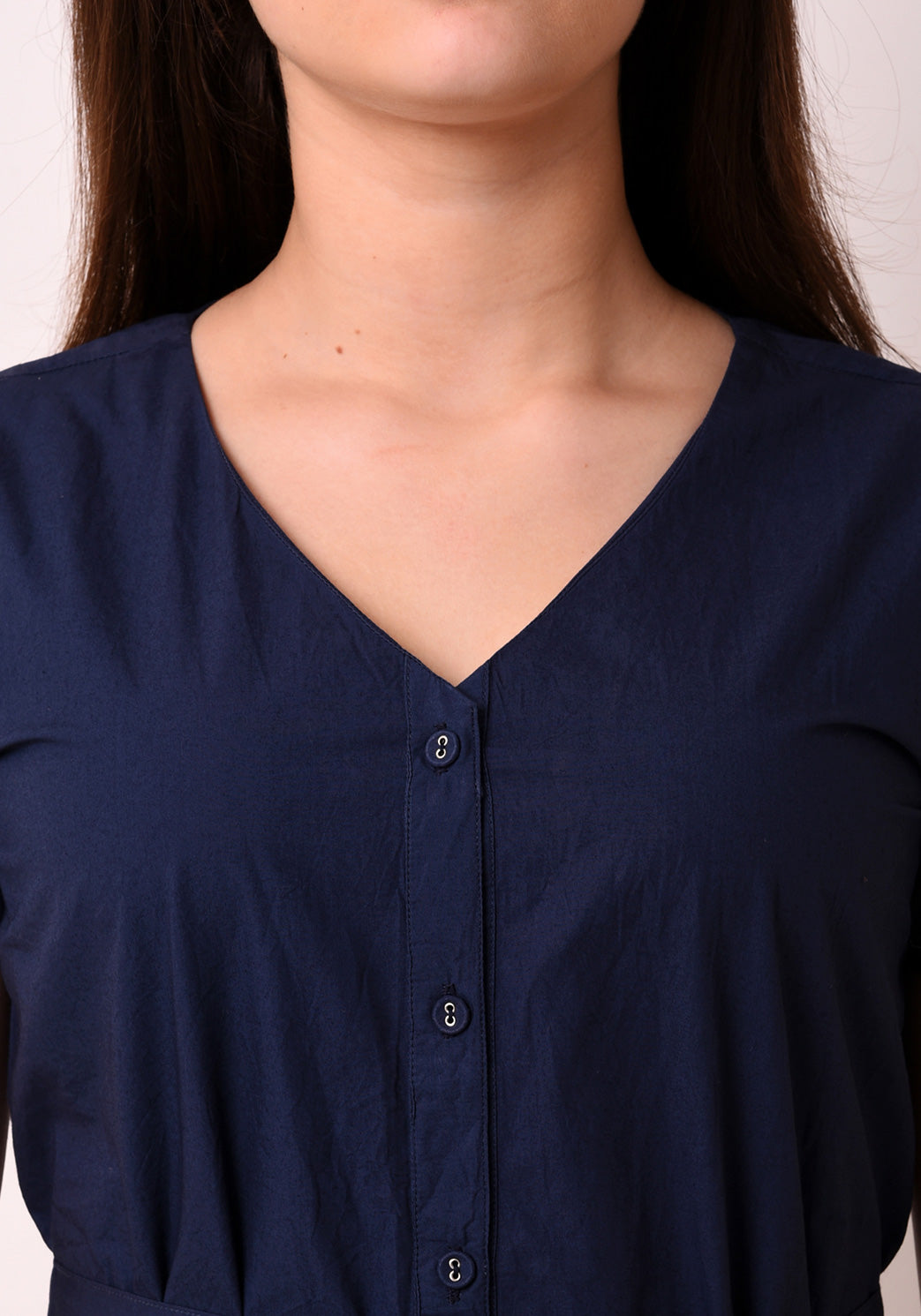 V- Neck Button Down Dress - Navy Blue