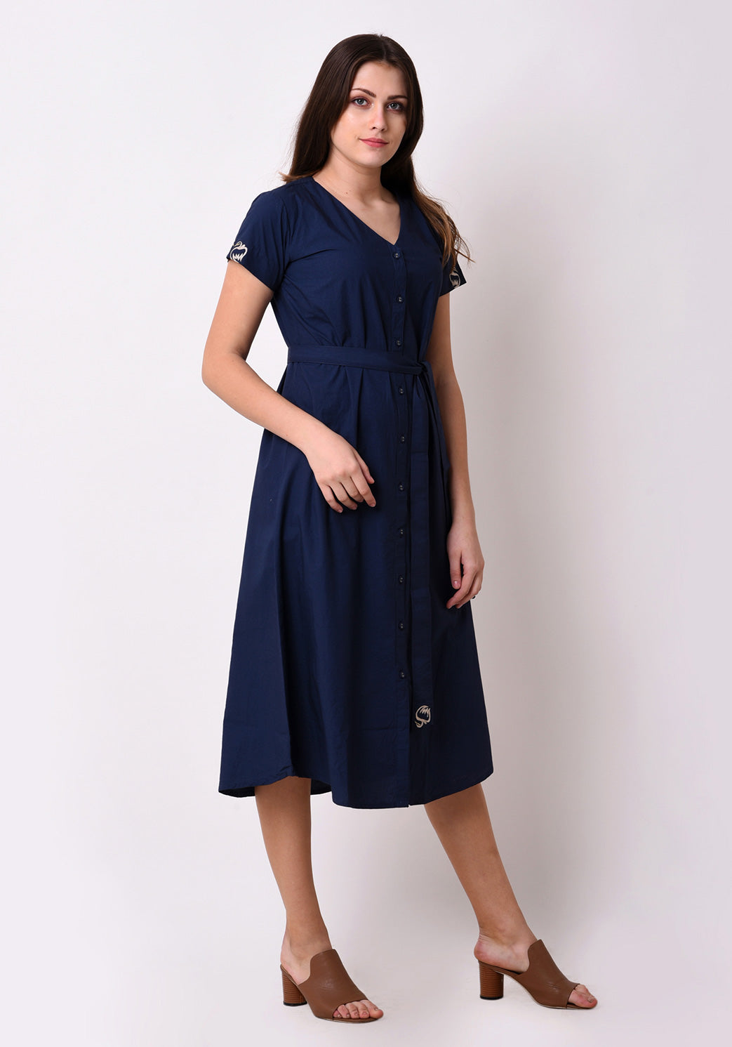 V- Neck Button Down Dress - Navy Blue