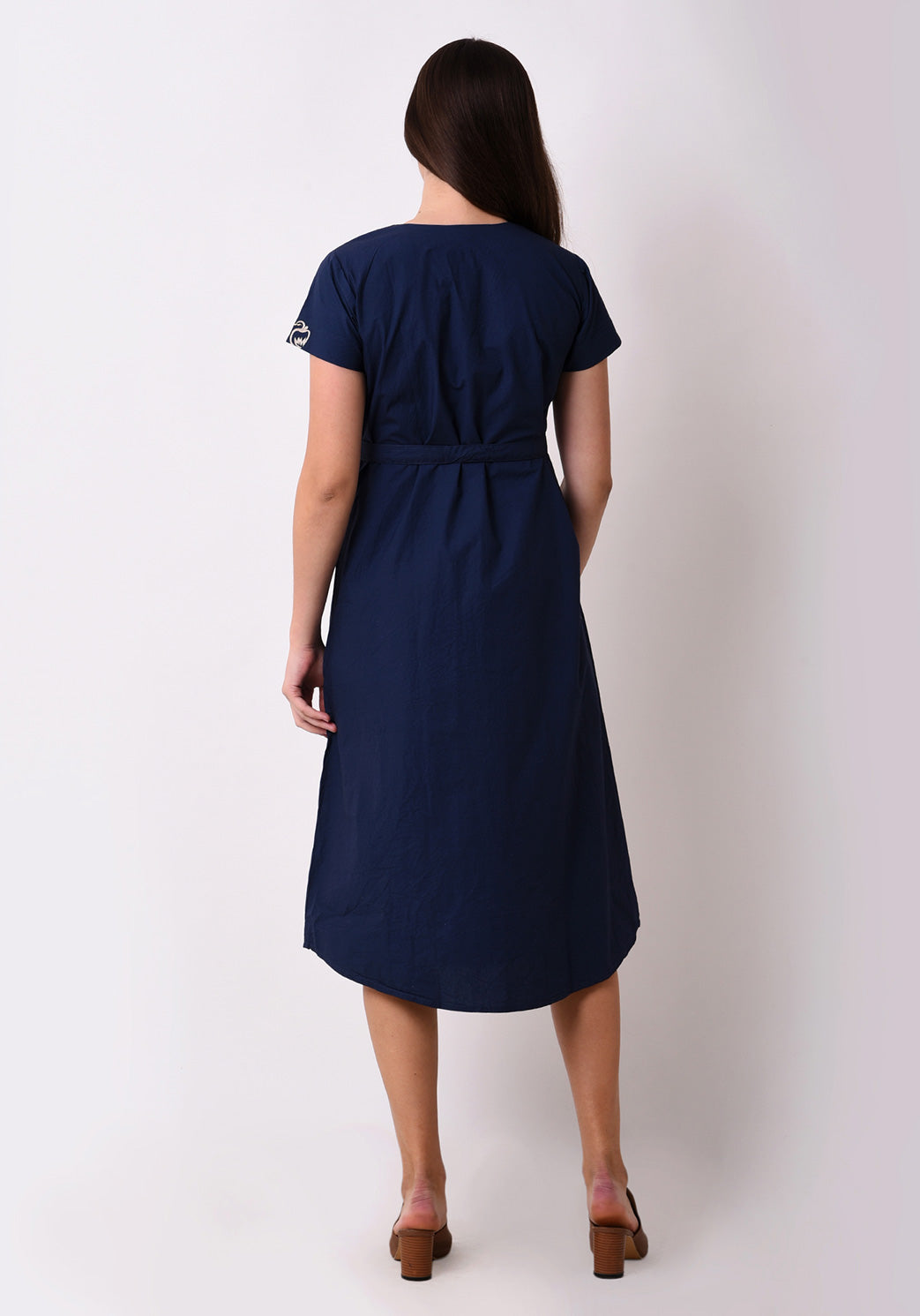 V- Neck Button Down Dress - Navy Blue
