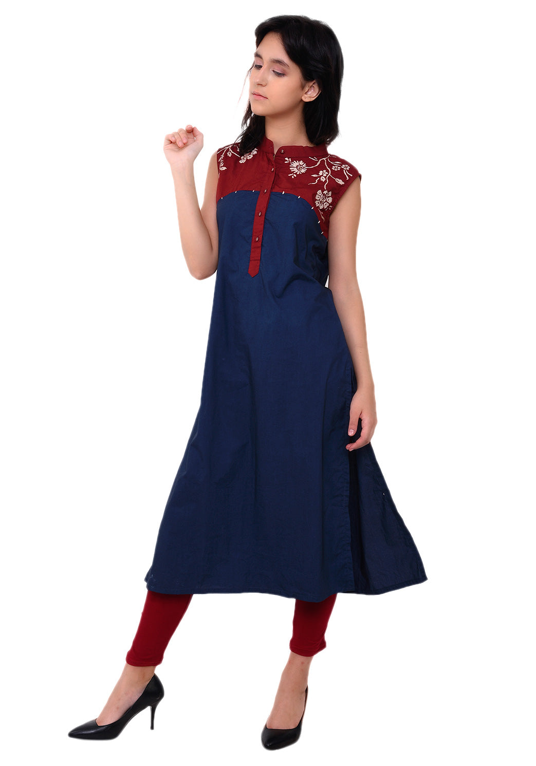 Embroidered Yoke Kurta - Navy Blue