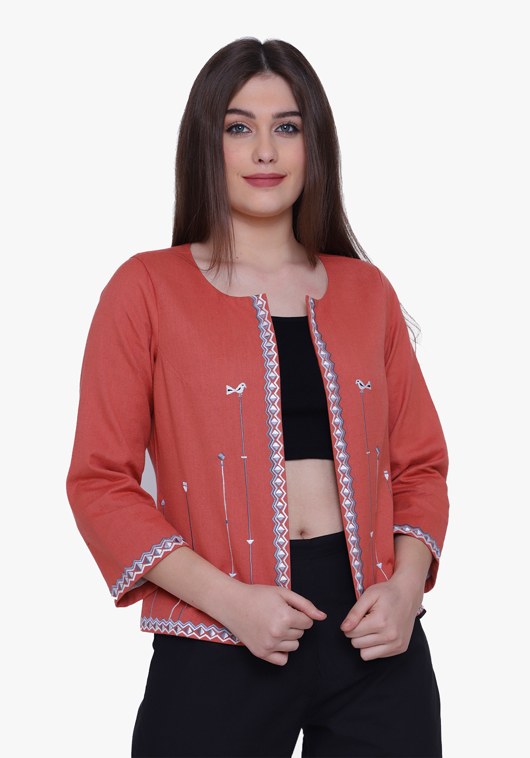 Dusty Orange Tribal Embroidered Jacket