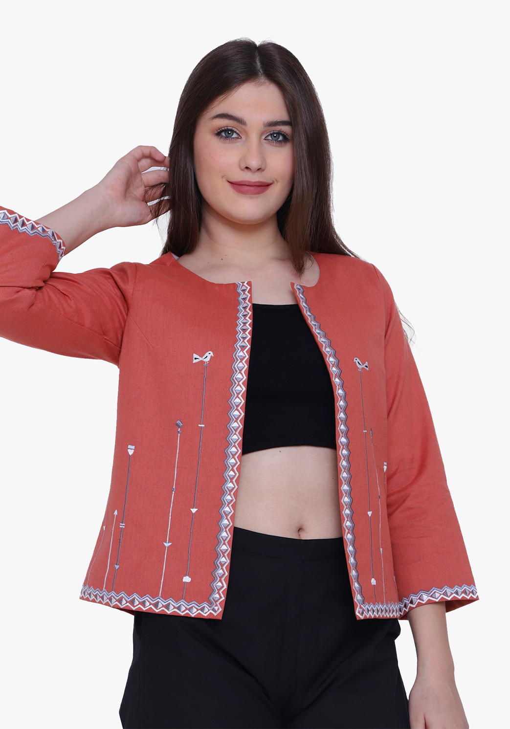 Dusty Orange Tribal Embroidered Jacket