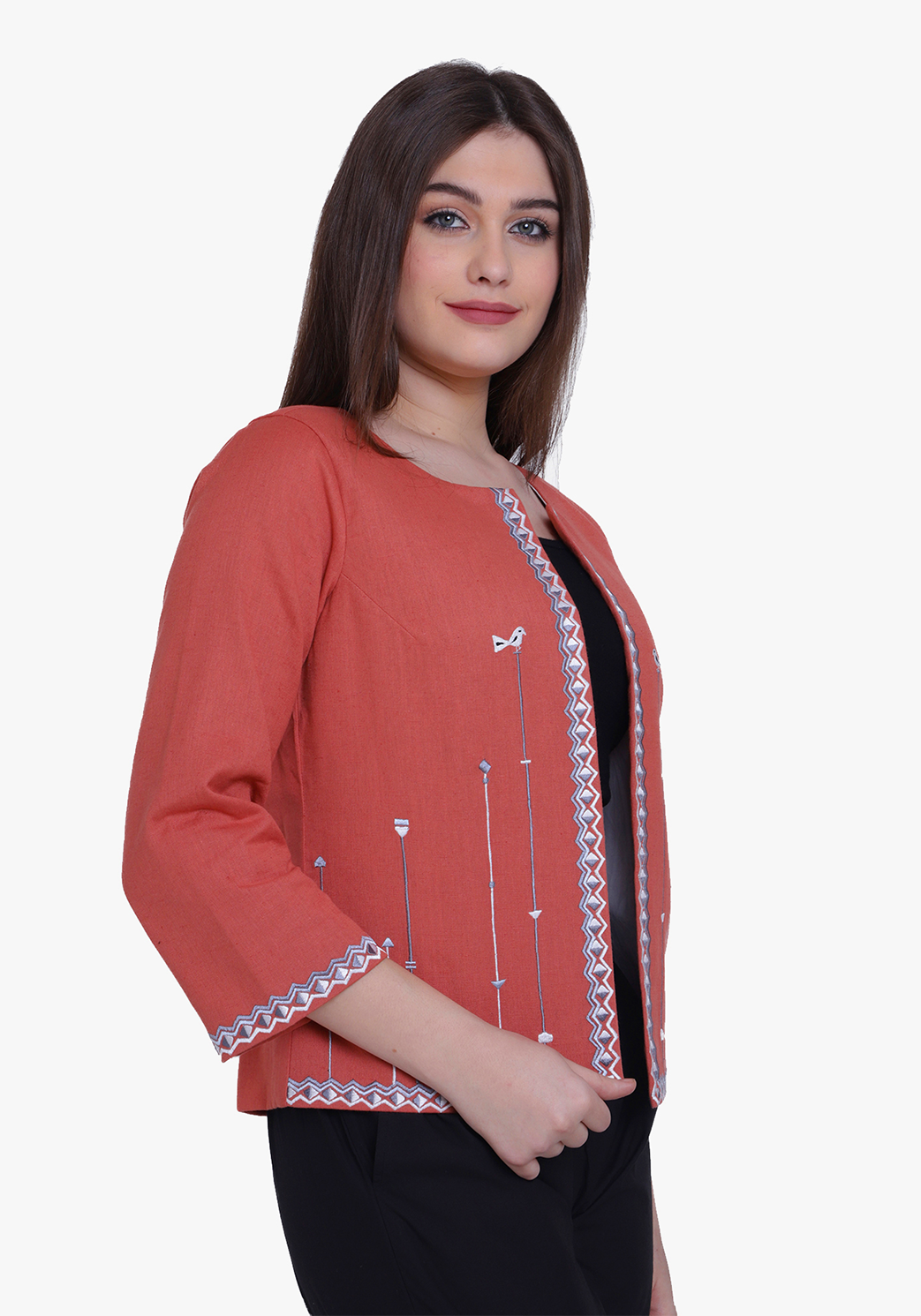 Dusty Orange Tribal Embroidered Jacket