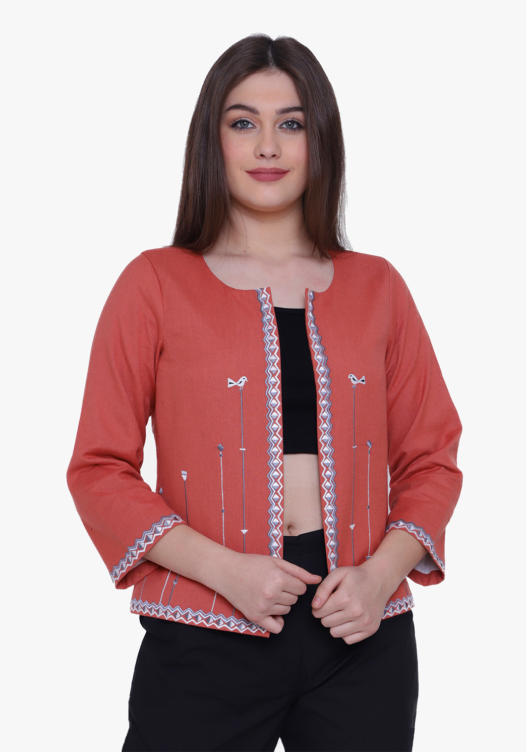 Dusty Orange Tribal Embroidered Jacket