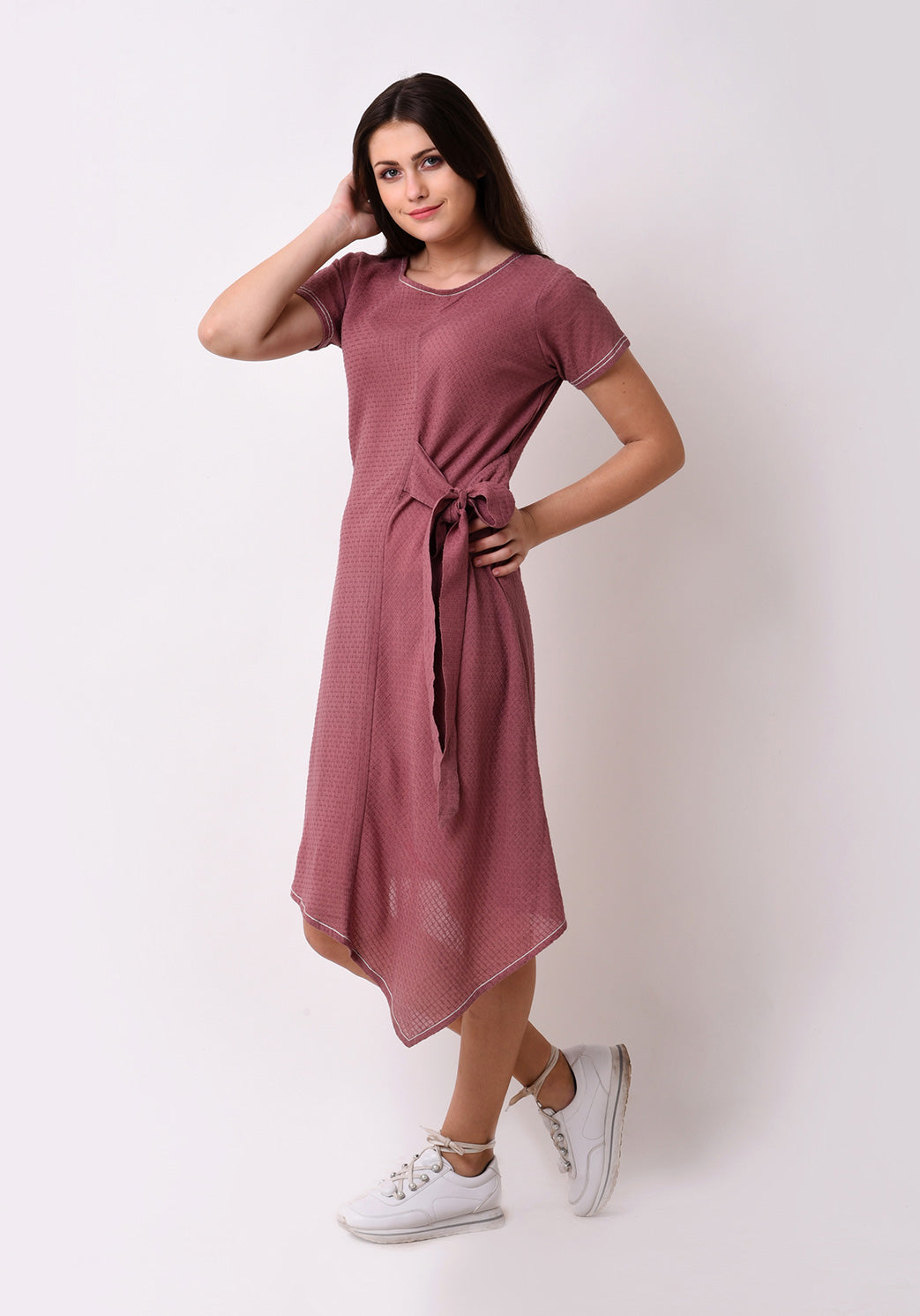 Waffle Dobby Side Tie-up Dress - Mauve