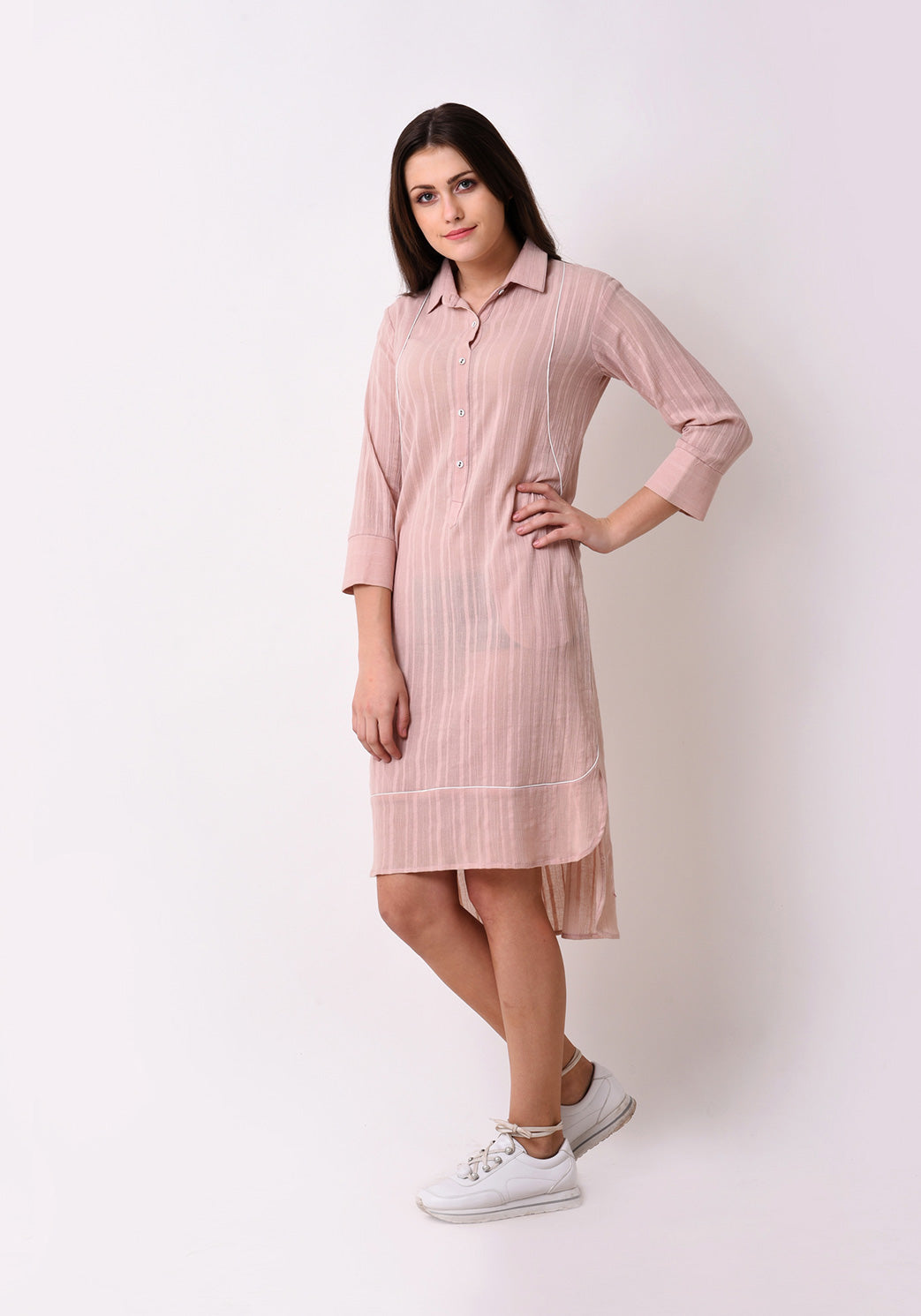 Crepe Dobby Button Down Shirt Dress - Peach