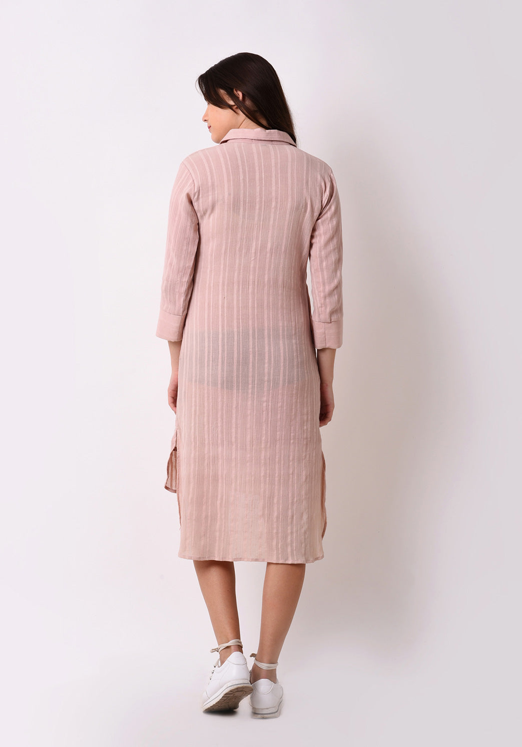 Crepe Dobby Button Down Shirt Dress - Peach