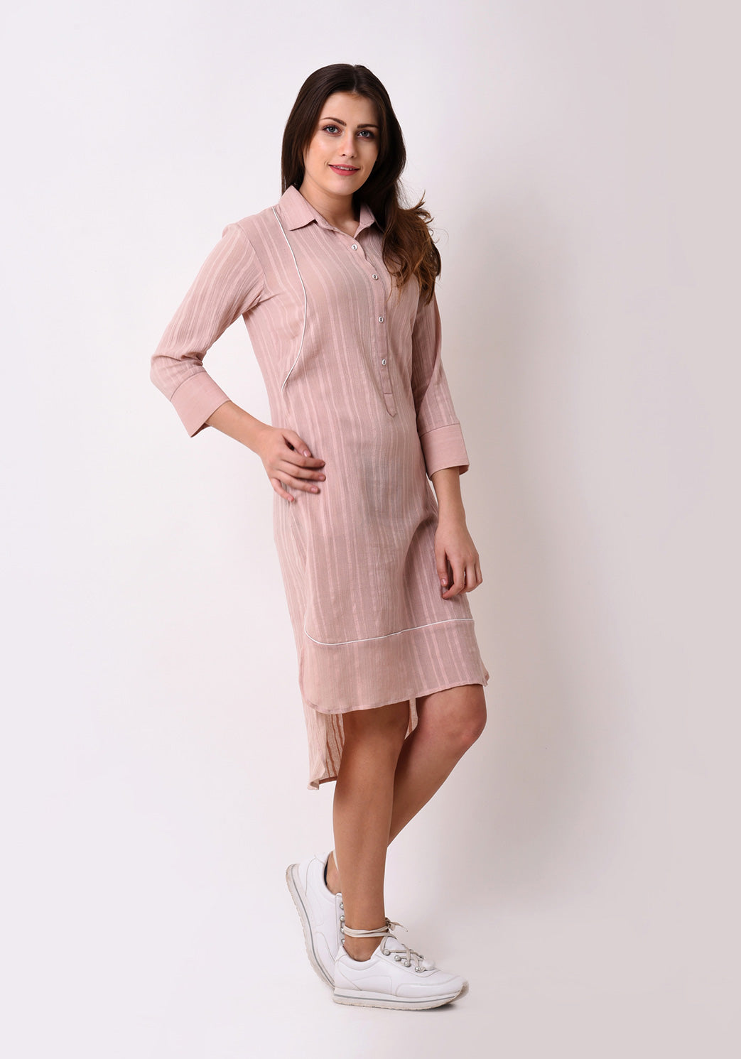 Crepe Dobby Button Down Shirt Dress - Peach