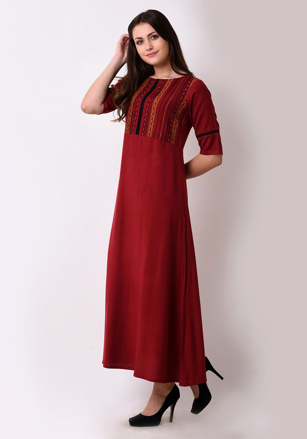 Geo-Embroidered Maxi Dress - Maroon