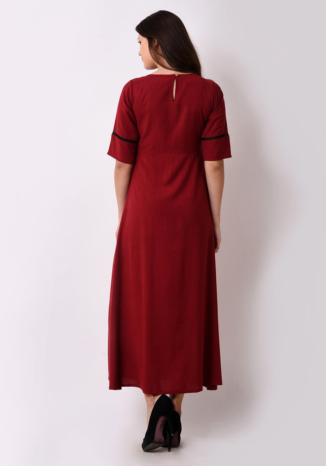 Geo-Embroidered Maxi Dress - Maroon