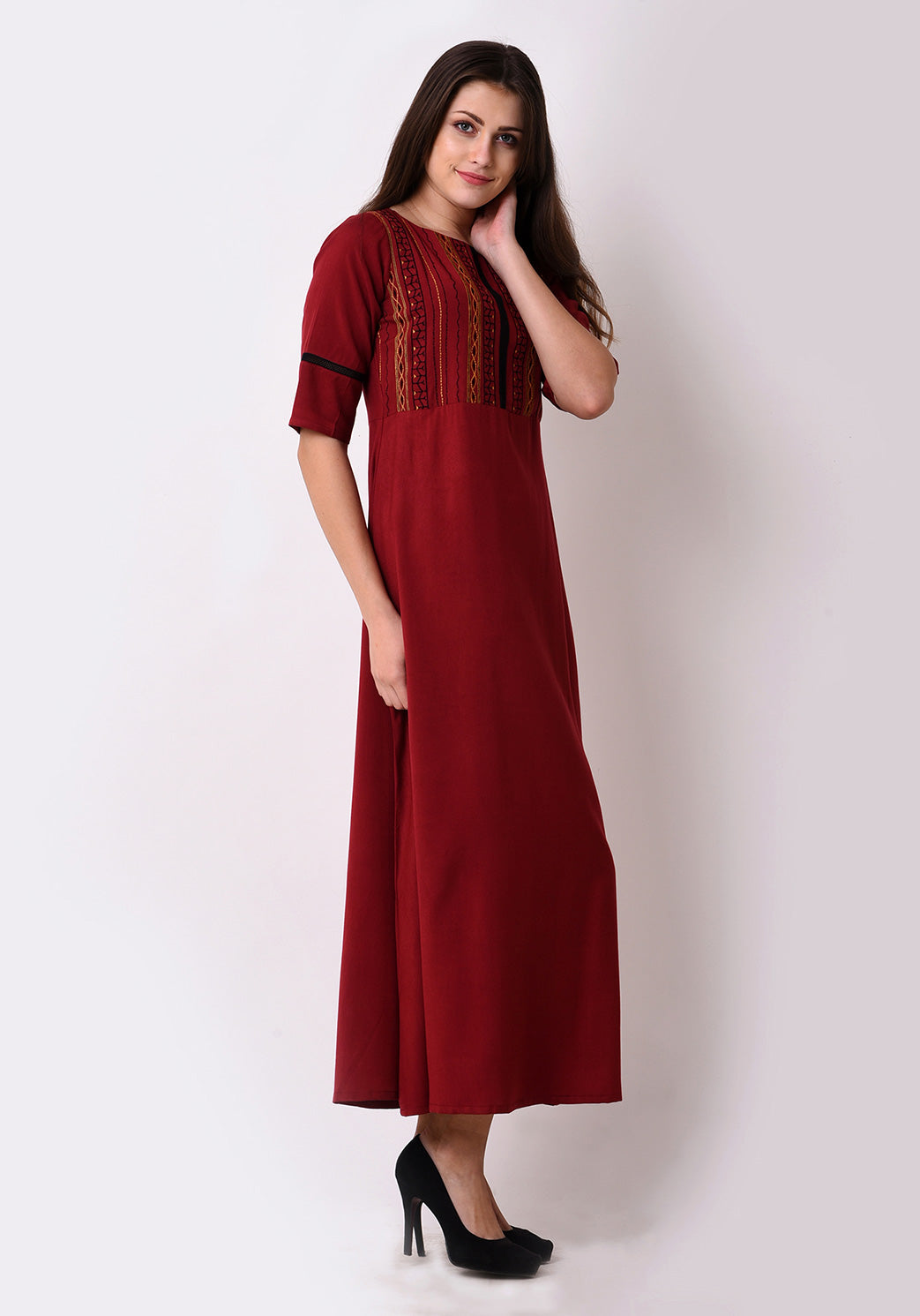 Geo-Embroidered Maxi Dress - Maroon