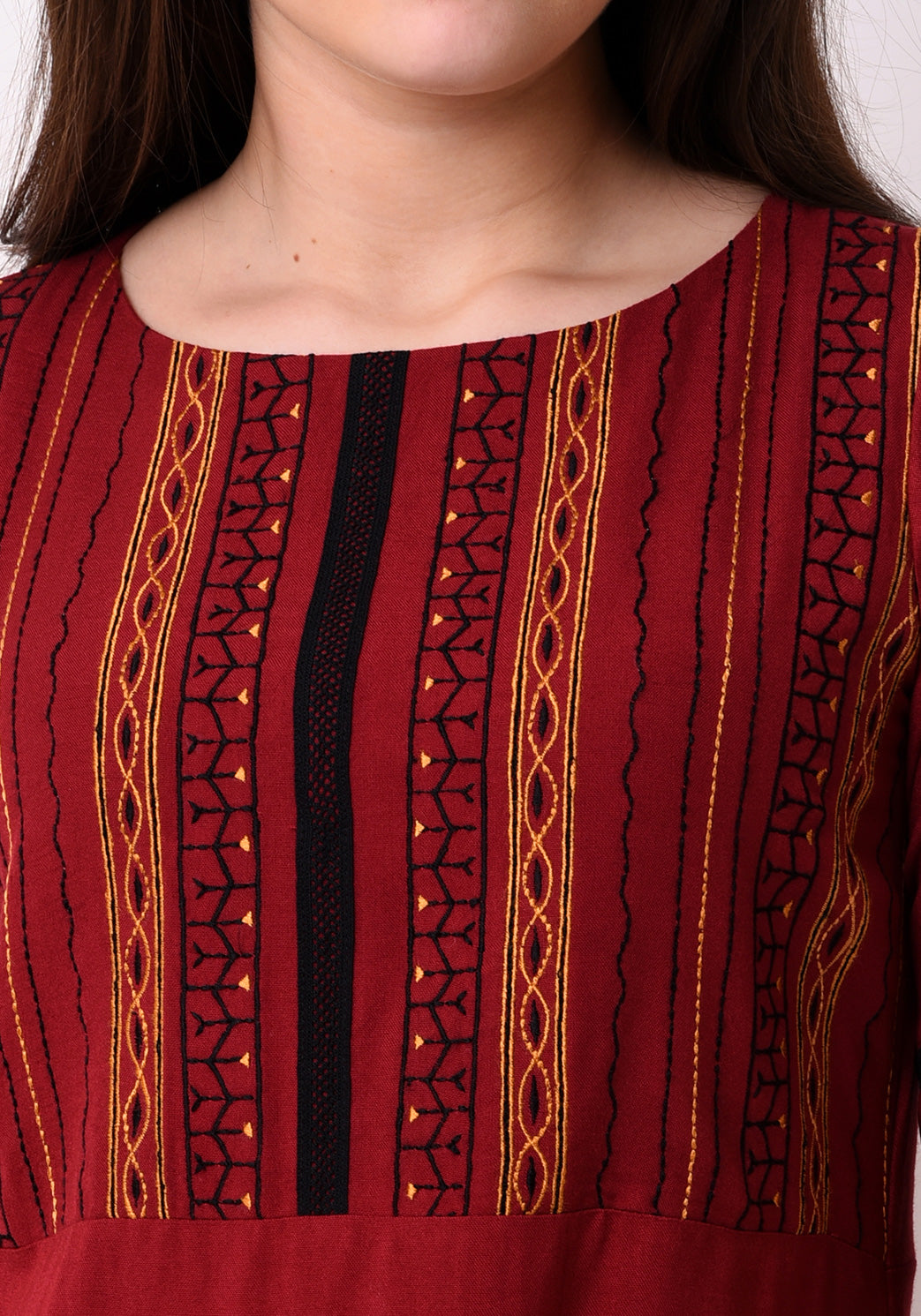Geo-Embroidered Maxi Dress - Maroon