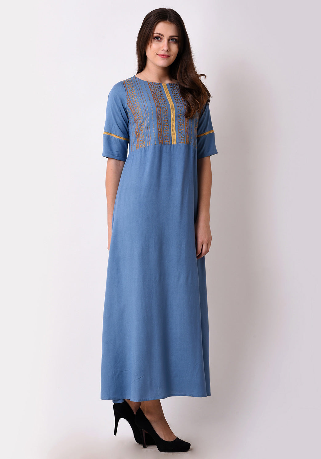 Geo-Embroidered Maxi Dress - Faded Denim