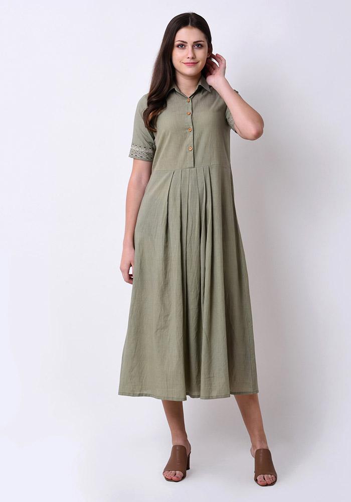 Pleated Embroidered Shirt Dress - Fair Green