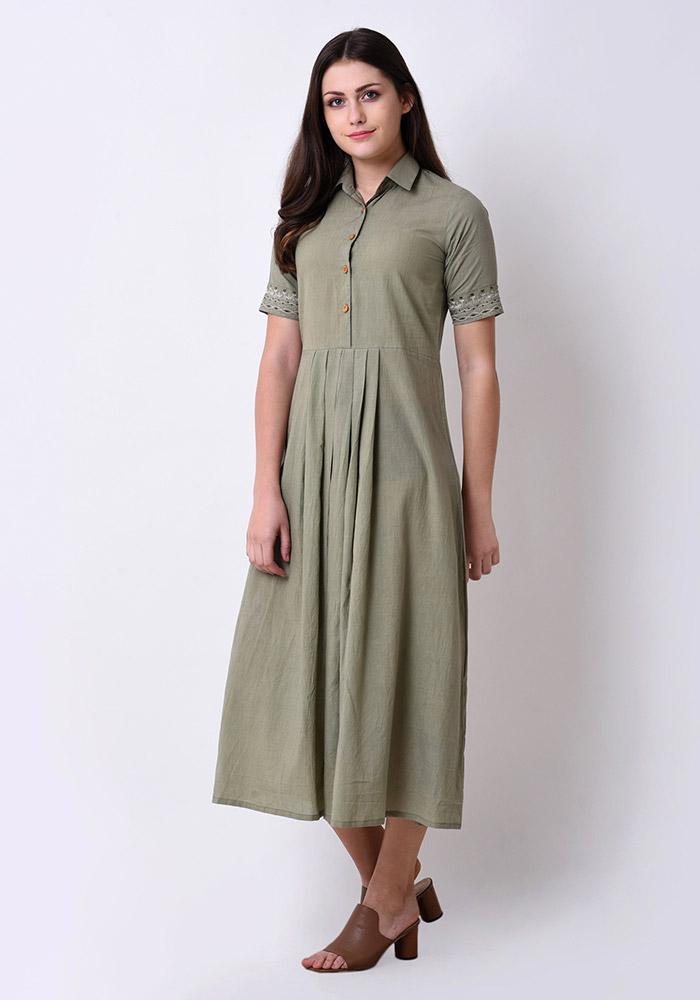 Pleated Embroidered Shirt Dress - Fair Green