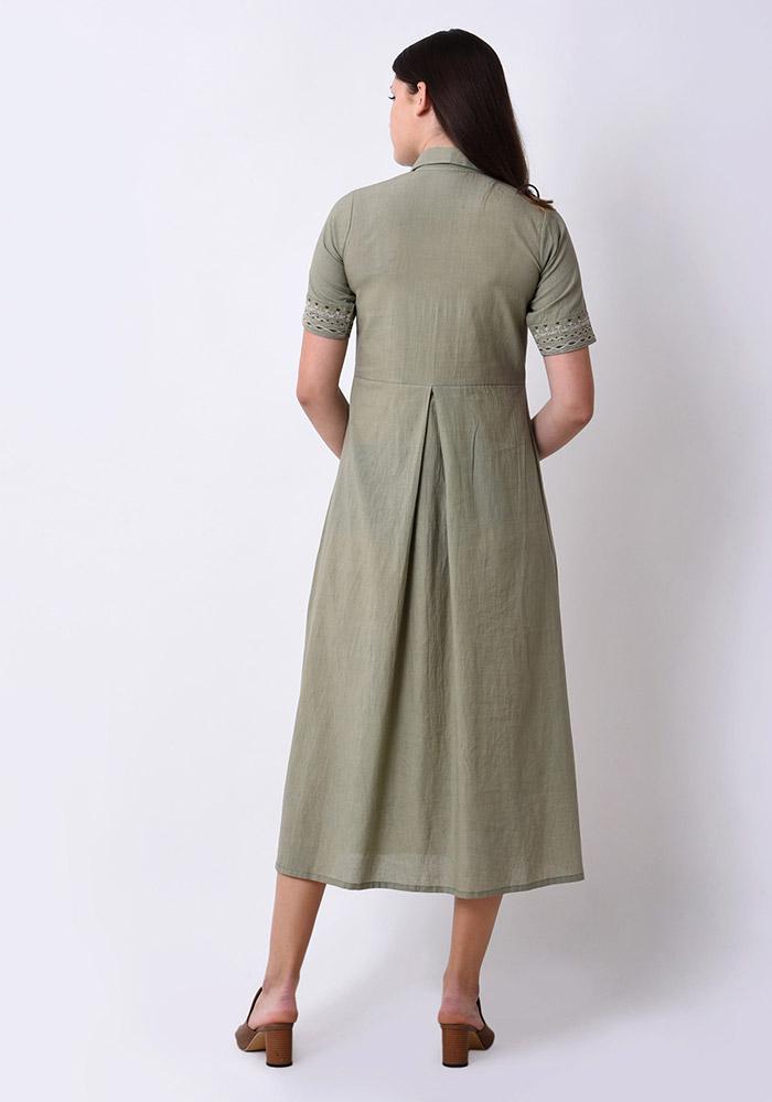 Pleated Embroidered Shirt Dress - Fair Green
