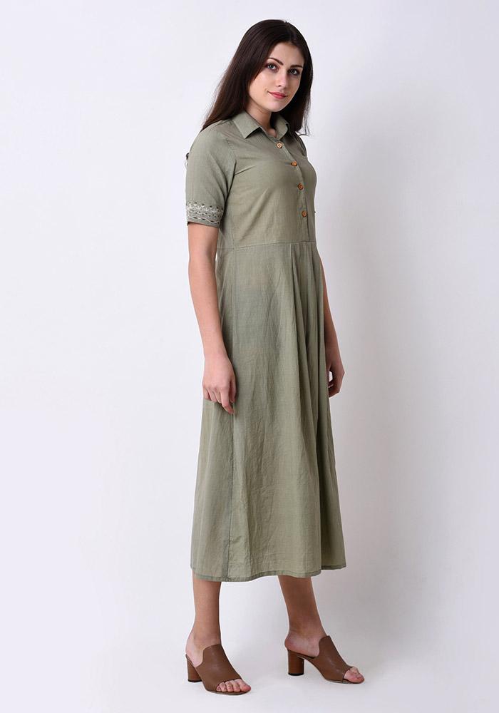 Pleated Embroidered Shirt Dress - Fair Green