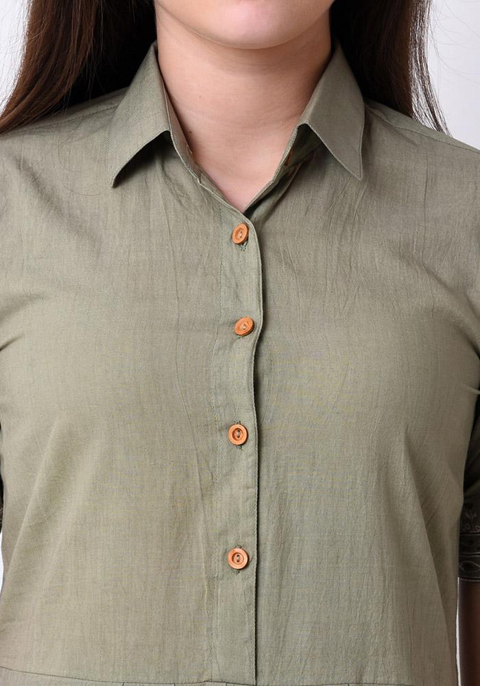 Pleated Embroidered Shirt Dress - Fair Green