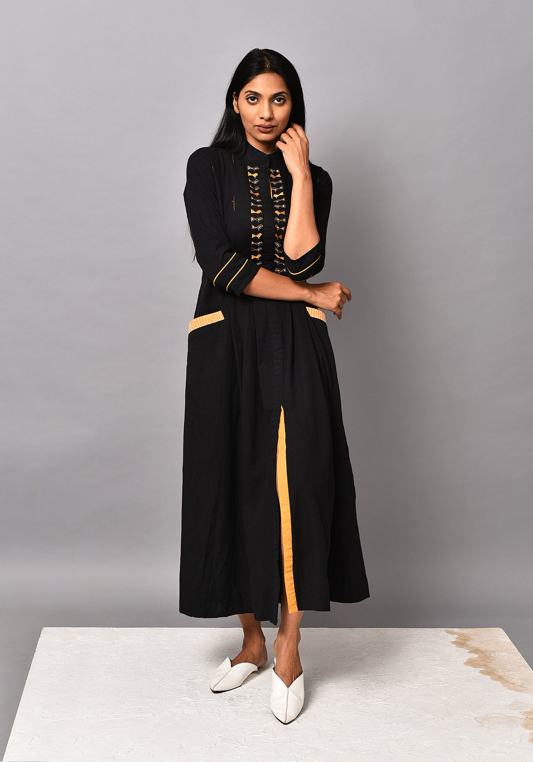 Embroidered Bird Front Pocket Dress - Black