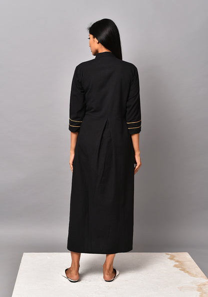 Embroidered Bird Front Pocket Dress - Black