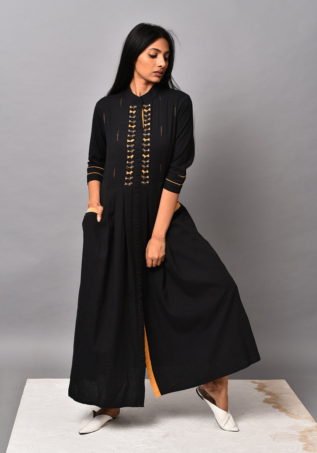 Embroidered Bird Front Pocket Dress - Black