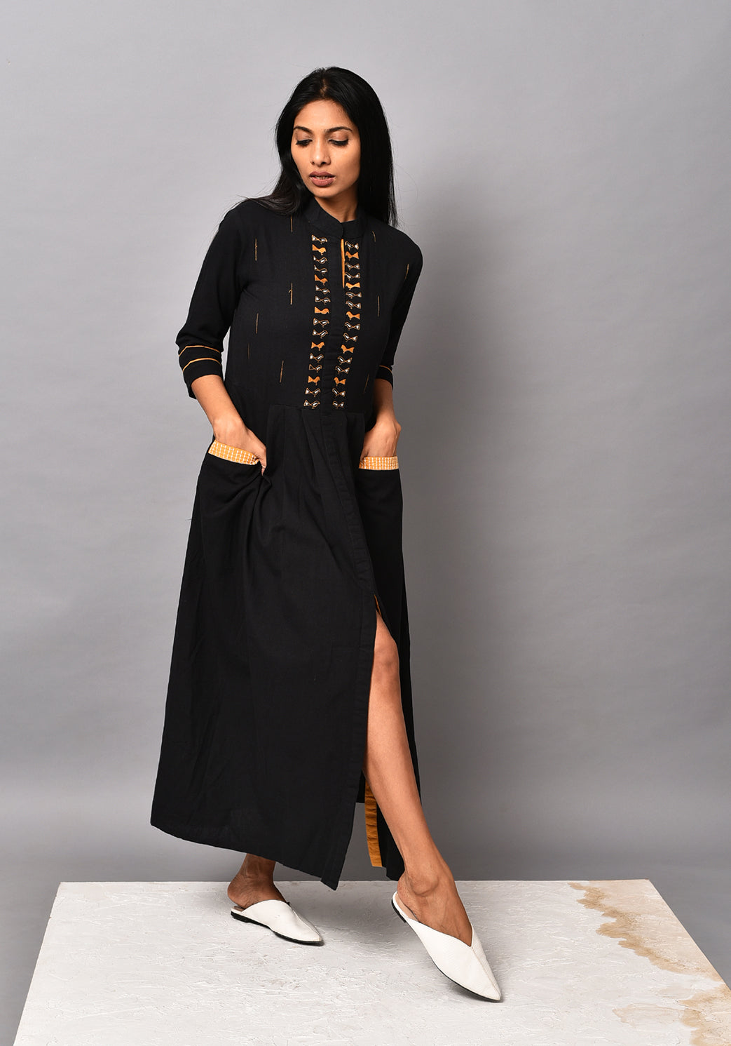 Embroidered Bird Front Pocket Dress - Black