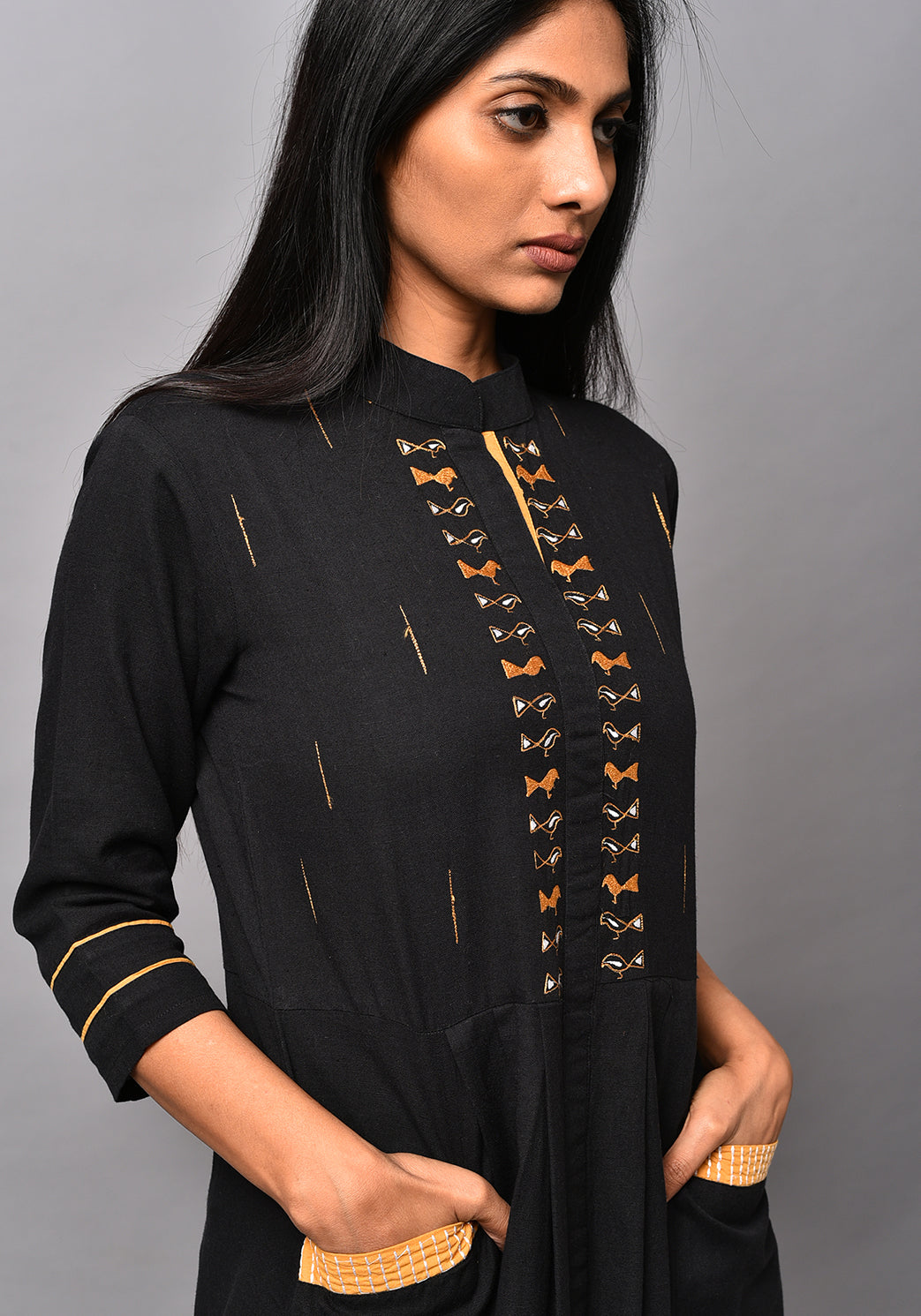 Embroidered Bird Front Pocket Dress - Black