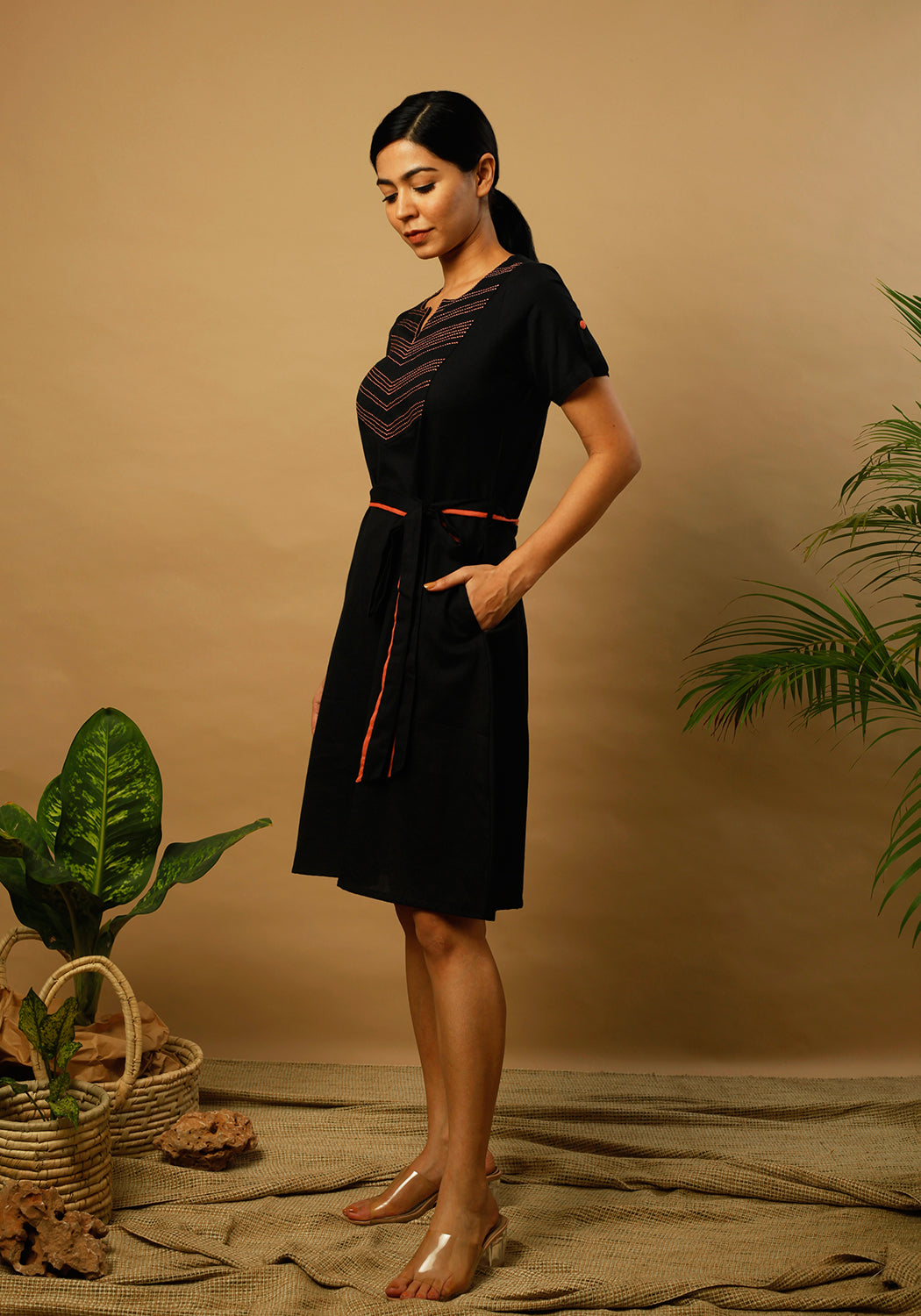 Embroidered Yoke Black Formal Dress