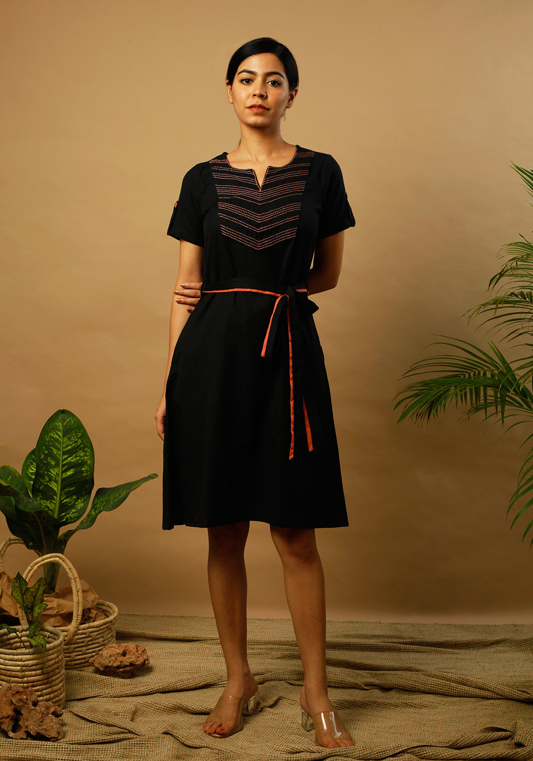 Embroidered Yoke Black Formal Dress