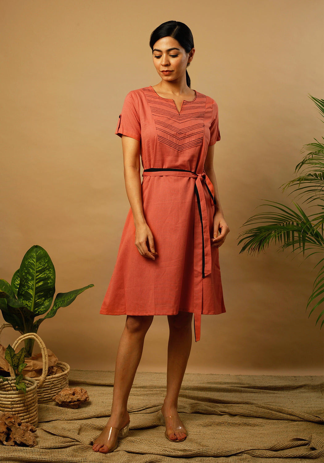 Embroidered Yoke Dusty Orange Formal Dress