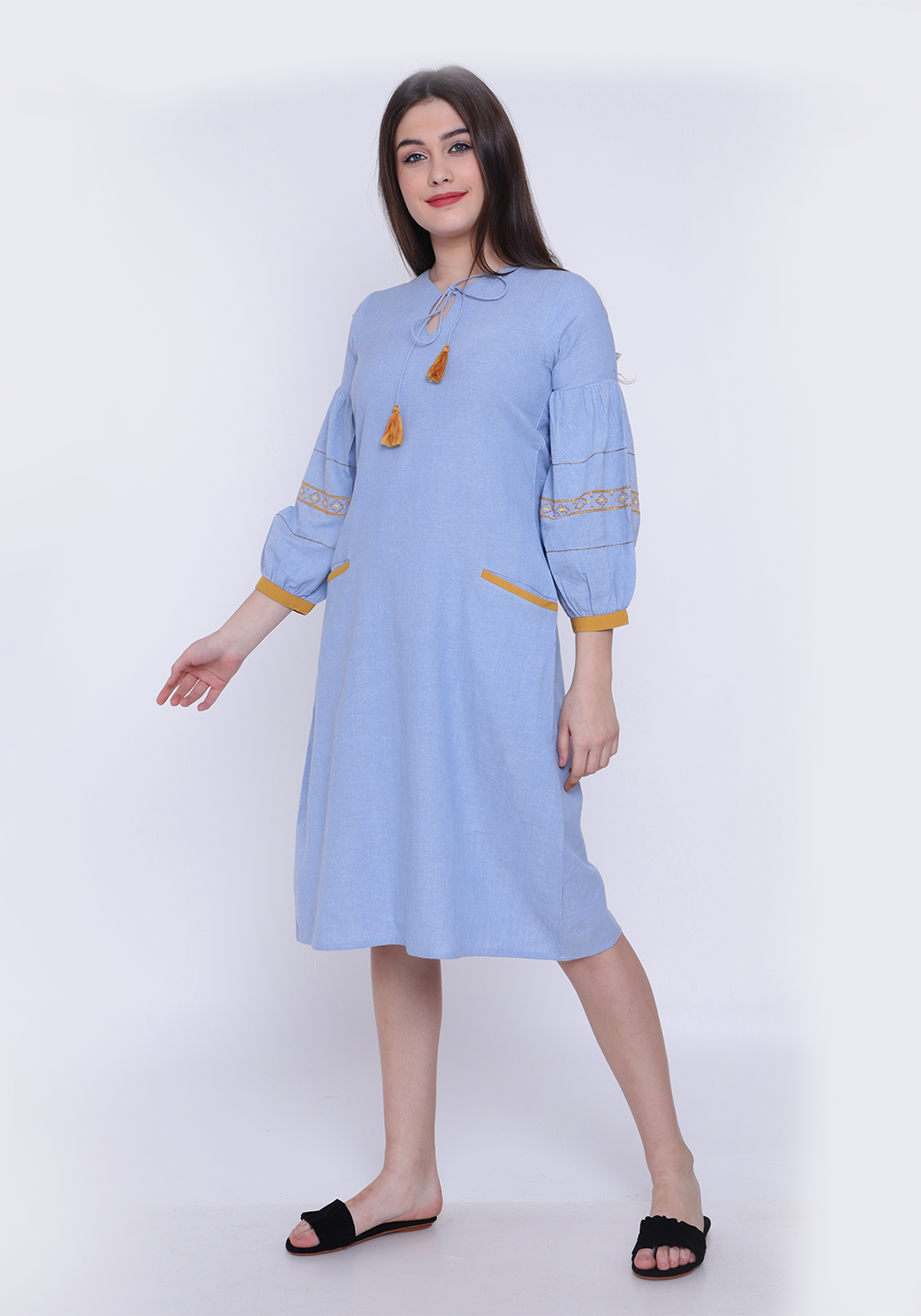 Bishop Sleeve Wan Blue Chambray Dress