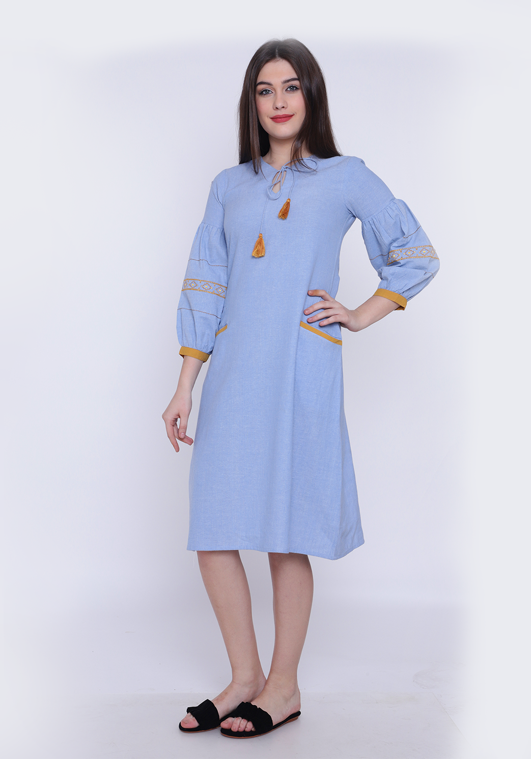 Bishop Sleeve Wan Blue Chambray Dress