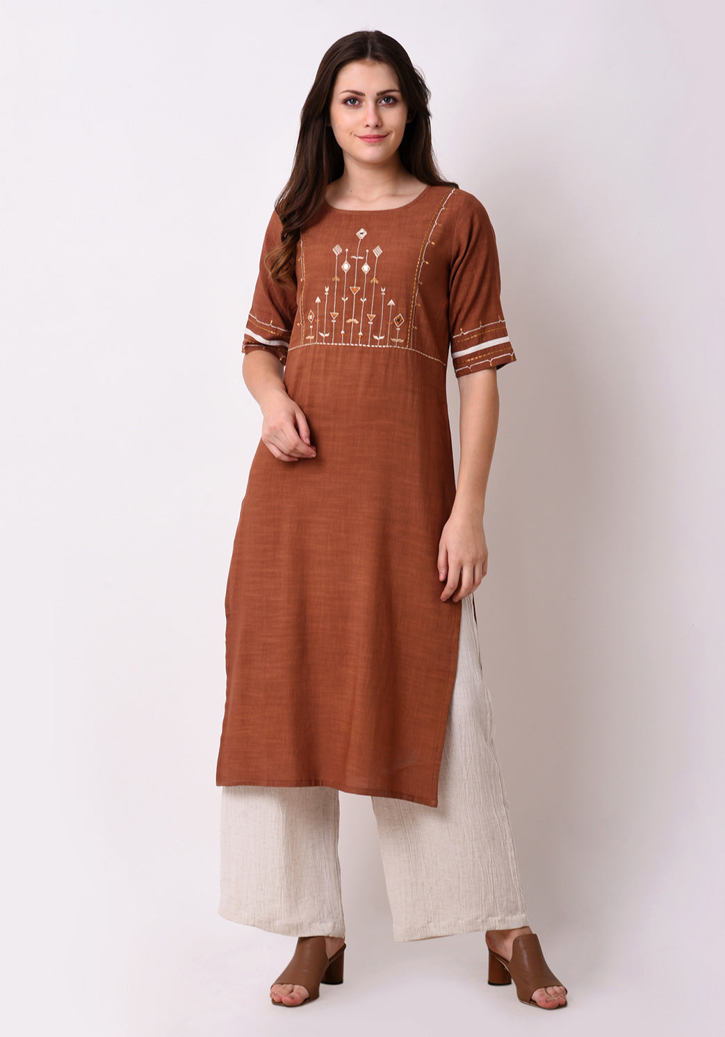 Straight Embriodered Yoke Kurta - Brown