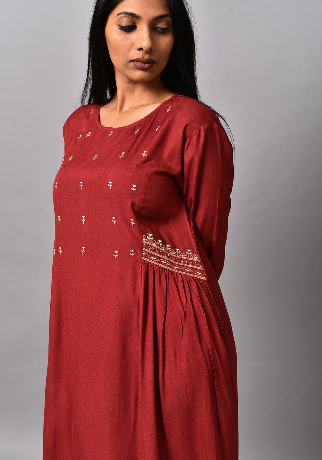 Maroon A-line Embroidered Dress