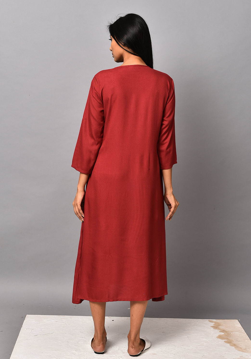 Maroon A-line Embroidered Dress