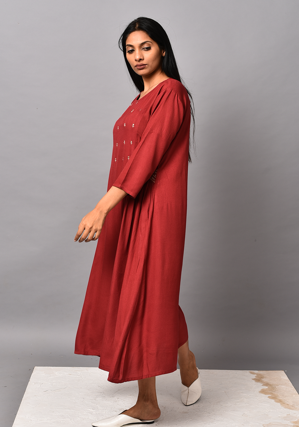 Maroon A-line Embroidered Dress