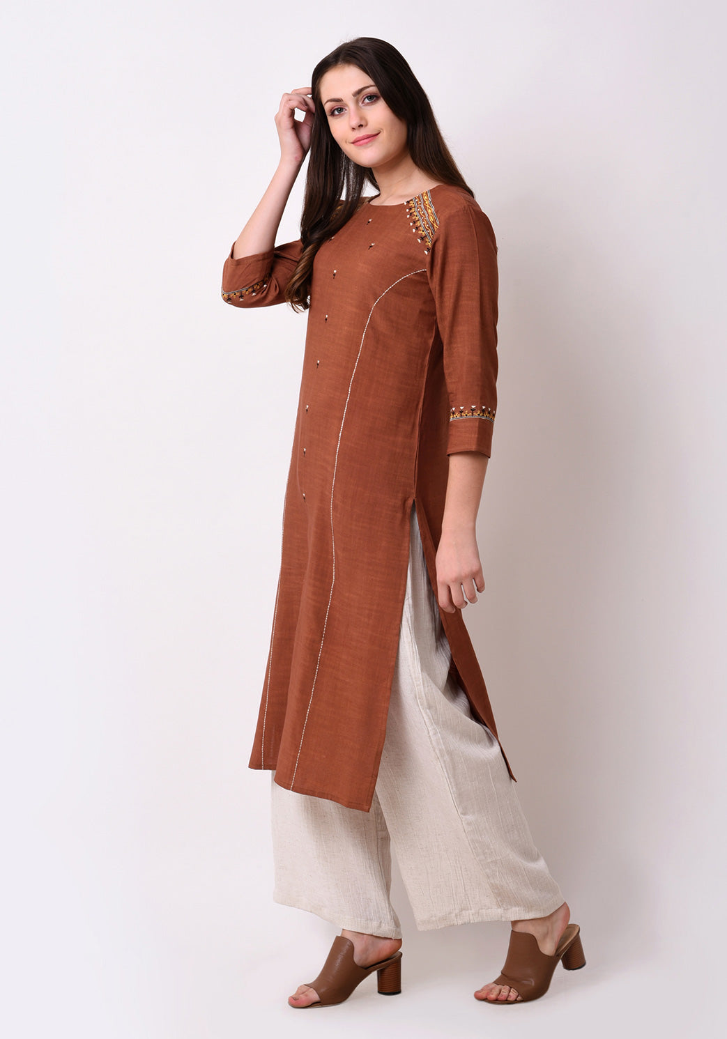Straight Embriodred Kurta - Brown
