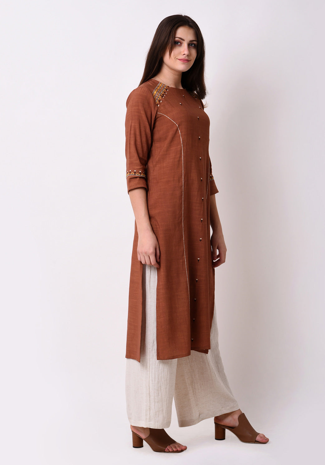 Straight Embriodred Kurta - Brown