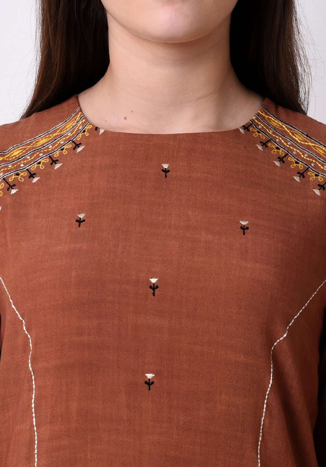 Straight Embriodred Kurta - Brown
